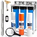 Aquaboon 20" 3 Stage Whole House Water Filtration System with Big Housings and Pressure Gauges - UV Lamp, KDF Filter, Carbon Block, Sediment Filter Cartridges, Steel Frame