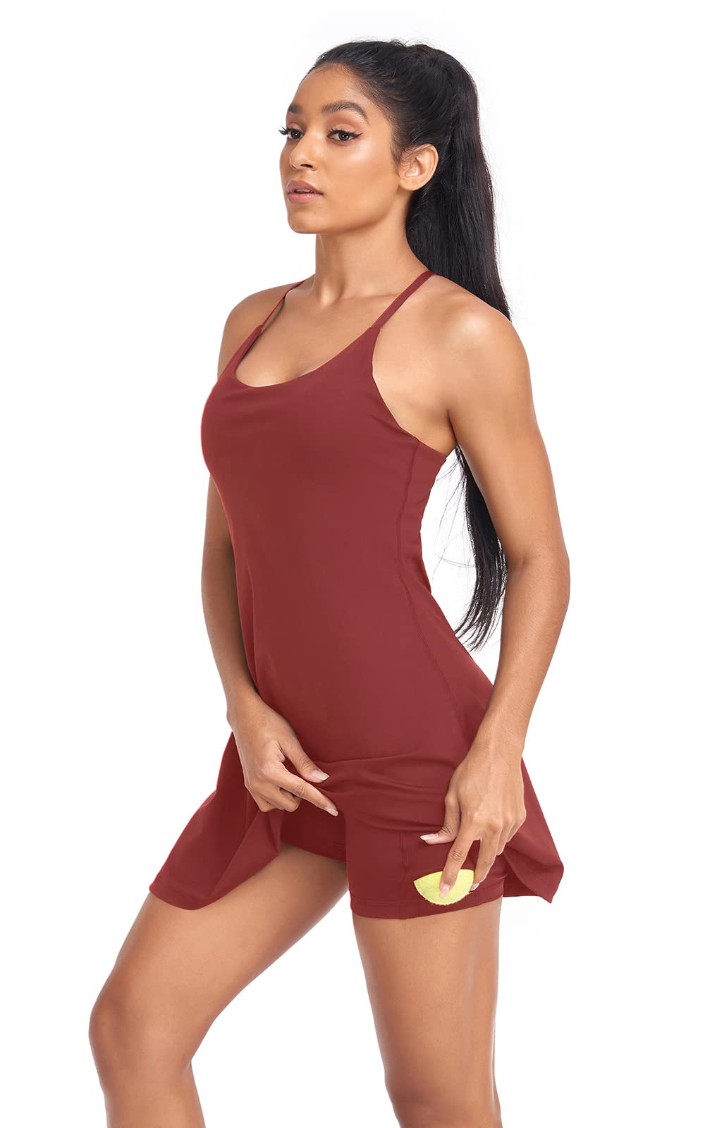 Women's Tennis Dress, Athletic Workout Sports Golf Dresses with Built-in Bra & Shorts Exercise Dresses for Women Coffee