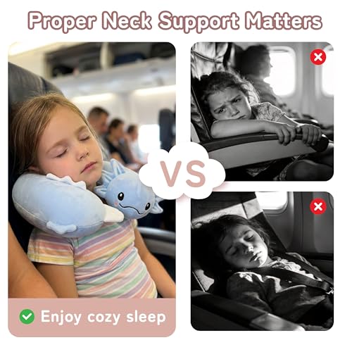 Image of Kids Travel Neck Pillow for Ages 3-8 with Memory Foam, Blue Axolotl | Removable cover, 13 in neck size, machine washable, hidden zipper, head and chin support, car seat and airplane use