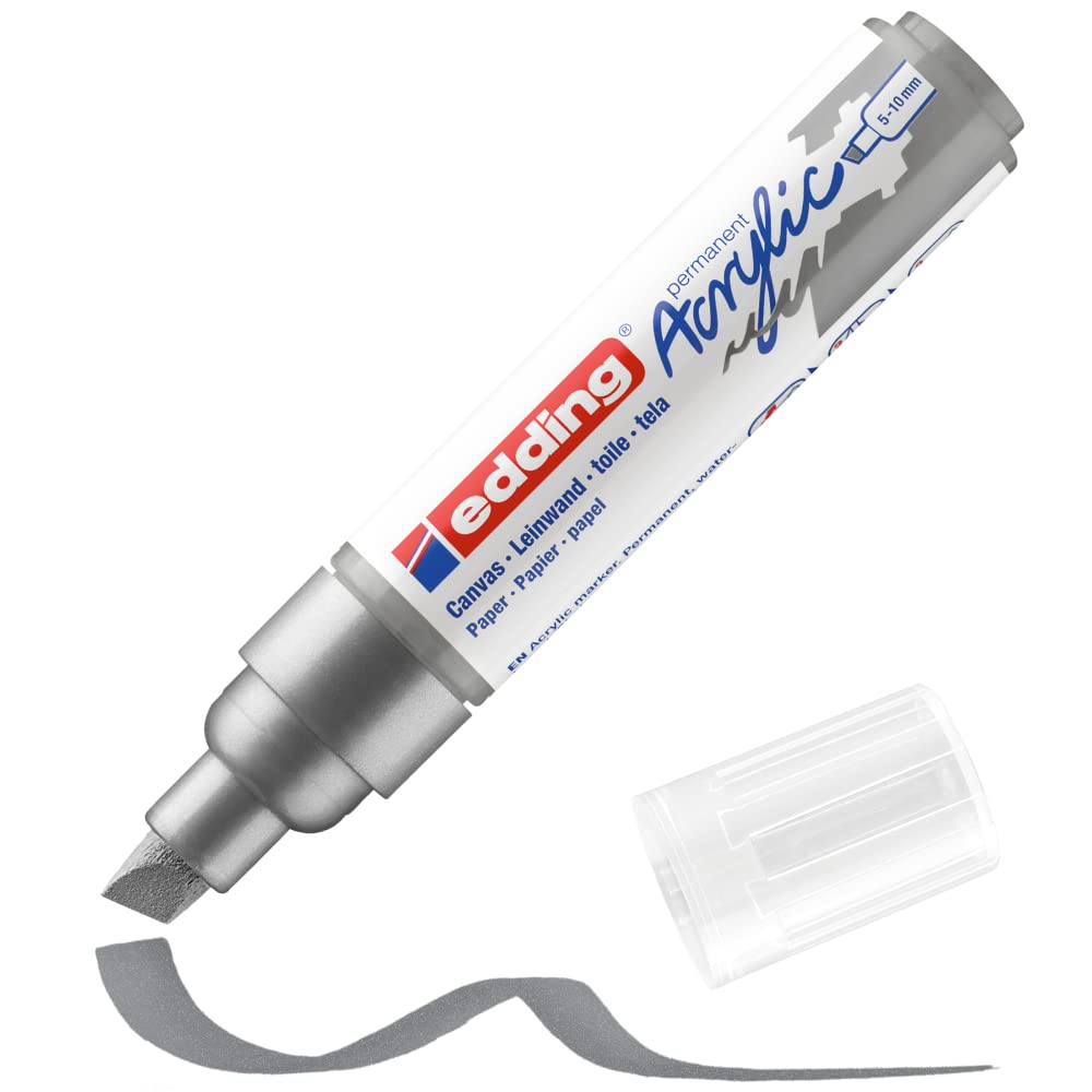 Edding5000 acrylic marker broad - rich-silver - 1 waterproof acrylic paint marker - chisel tip 5-10 mm - acrylic paint pens for drawing on canvas, art paper and wood - acrylic markers for pebbl
