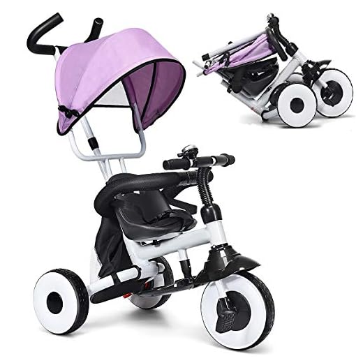 BABY JOY 4-in-1 Kids Tricycle Folding Baby Tricycle w/Adjustable Awning, Folding ABS Foot Pedals, Storage Bag, Sponge Guardrail, Shock-absorbing Wheels, Tricycle for Children Aged 1-5 Years Old (Pink)