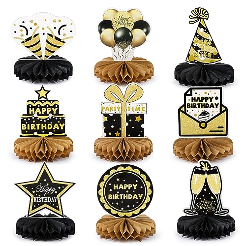 9 peças decoração festa de aniversário adorno de mesa papel dourado e preto adorno favo feliz aniversário decoração centro de mesa para festa de aniversário