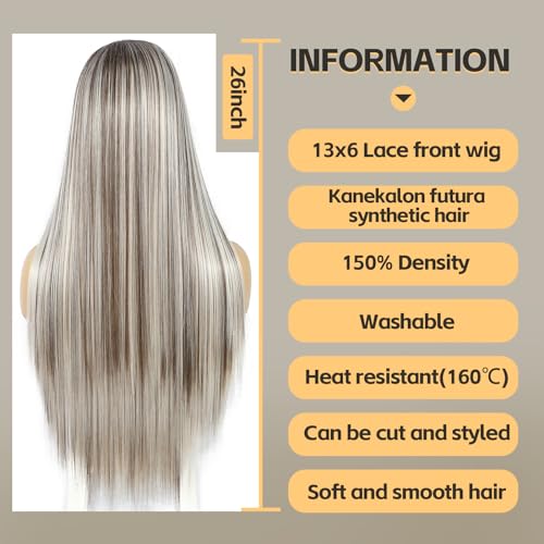 Sapphirewigs Highlight 13x6 Straight Lace Front Wigs Ash White Long Straight Wig for Women Lace Front Synthetic Hair 150% Density Party Daily Wear Heat Resistant 26inch - Image 2