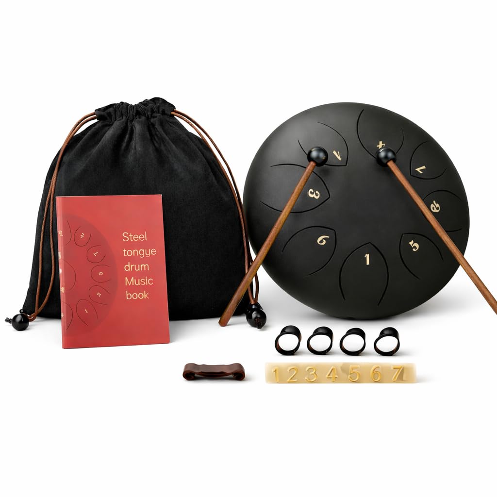 Truenix Steel Tongue Drum 8 Note, 6 inch Percussion Instrument Handpan Drum with Bag, Music Book and Mallets for Kids and Adults Meditation Musical Education Concert Mind Healing Yoga (Black)