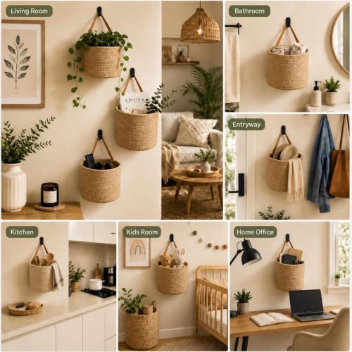 Image of Honeydak 3 Hanging Baskets, Light Linen, Cylinder, Cotton Rope