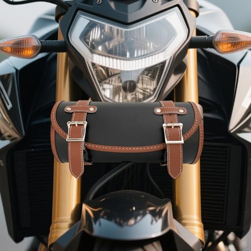 Sac de guidon pour moto et sacoche de selle rétro en cuir étanche avec sangles - 3