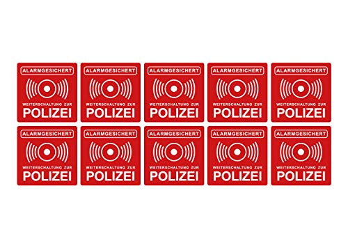 Aufkleber Alarmanlage Weiterschaltung zur Polizei Hinweis Rot Alarmgesichert 5 x 5 cm Witterungs- und UV-Beständig (10)