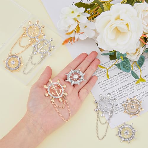 Image of SUPERFINDINGS 8Pcs 2 Style 2 Color Anchor Nautical Brooch Crystal Rhinestone Safety Pin Sailor Style Label Pin Steering Badges Vintage Suit Decaration for Man Woman Wedding Party