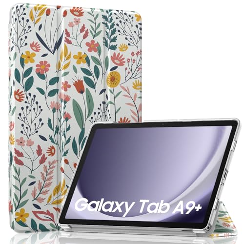 Image of MoKo Trifold Case for Galaxy Tab A9 Plus /A9+ 11 Inch 2023, Flowers | Slim Stand Hard PC Translucent Back Shell Smart Cover, Auto Sleep /Wake, Light, Anti-scratch, 2 Adjustable Angle
