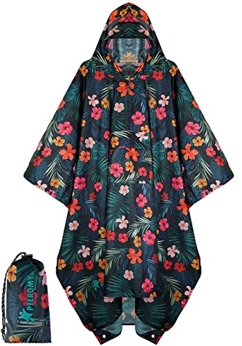 Image of PTEROMY Hooded Rain Poncho for Adult, Waterproof Lightweight Unisex Raincoat for Hiking Camping Emergency