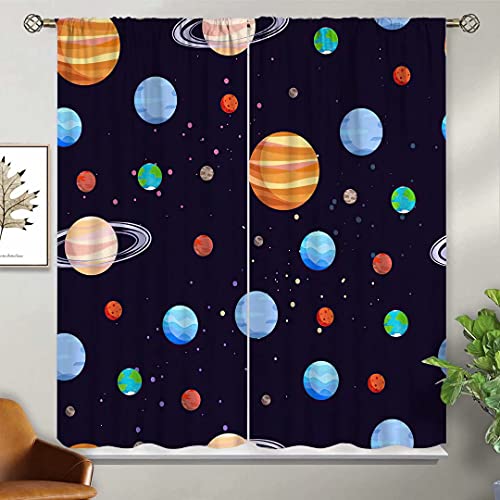 GY Cartoon Space Blackout Curtains, Outer Space Universe Galaxy Planet Theme Rod Pocket Drapes Privacy Protect Window Curtain, Children's Room, Living Room and Bedroom Insulation 85x85inch