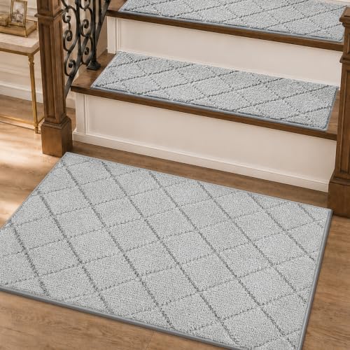 Image of COSY HOMEER Edging Stair Treads Non-Slip Corner Indoor Stair Runners for Wooden Steps,Landing Slip Resistant Stair Rugs for Kids and Dogs, 100% Polyester TPE Backing,Grey,20 inchX32 inch