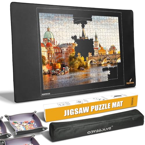 Odyssolve Jigsaw Puzzle Mat Roll Up 1500 Pieces Saver Pad 46' x 26' with 3 Sorting Trays & Travel Storage Bag Portable Non-Slip Rubber Bottom