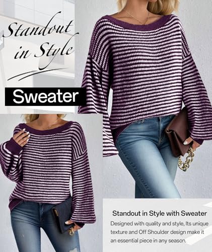 Image of MARZXIN Women's 2026 Fall Long Sleeve Sweaters Casual Loose Striped Off Shoulder Casual Oversized Knitted Sweater Pullovers