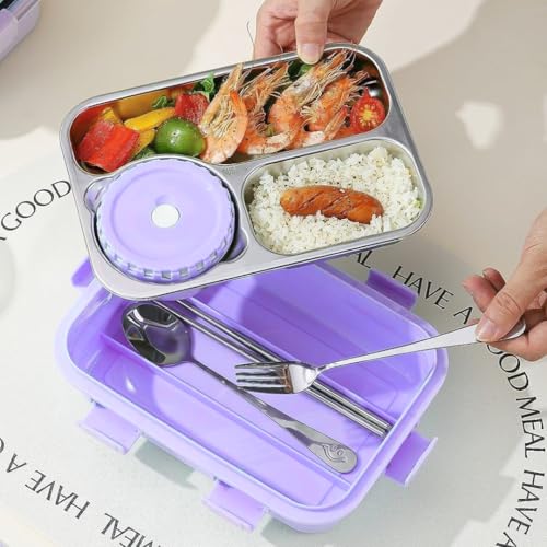 Image of Storio Lunch Box 3 Compartments 750ml | Leak-Proof BPA-Free Stainless Steel Lunchbox for Kids, School & Office | Tiffin Box with Extra Small Container | Durable & Easy to Clean - Purple