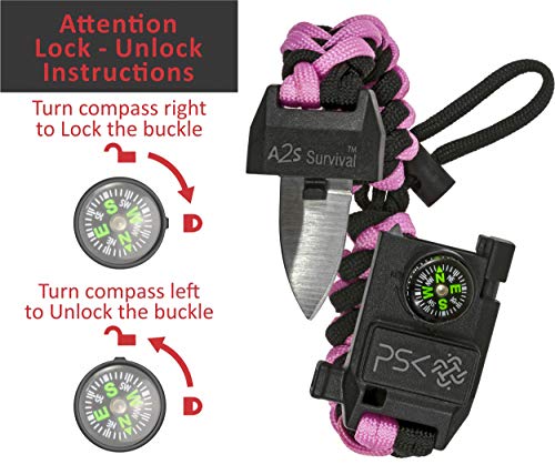 A2S Protection PSK Paracord Bracelet 8-in-1 Personal Survival Kit Urban & Outdoors Survival Knife, Fire Starter, Glass Breaker, Survival Whistle, Signal Mirror, Fishing Hook & String, Compass (Pink) - Thumbnail 4