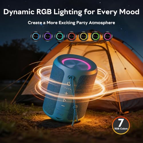 Image of Portable Bluetooth Speaker,IPX7 Waterproof Wireless Speaker with 20W Loud Stereo Sound,15H Playtime & Beat-Synced RGB Light, Small Outdoor Speaker for Shower,Pool,Beach,Hiking,Gifts(Cerulean)