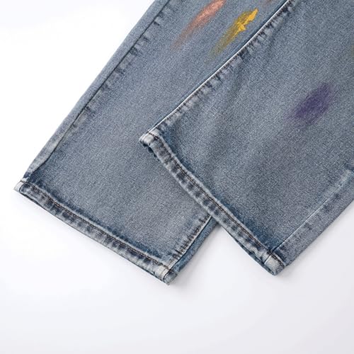 Men’s Baggy Ripped Jeans Wide Leg Distressed Denim Pants with Graffiti Paint Splash and Vintage Washed Look3