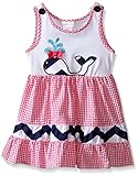 Youngland Girls' Pink and White Seersucker Dress with Whale Applique and Navy Chevron Trim