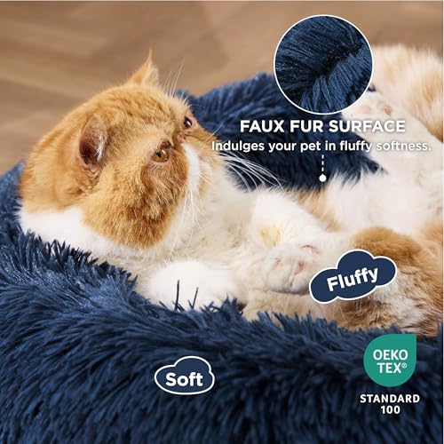 Image of Bedsure Calming Cat Beds for Indoor Cats - Small Cat Bed Washable 20 inches, Anti-Slip Round Fluffy Plush Faux Fur Pet Bed, Fits up to 15 lbs Pets, Navy