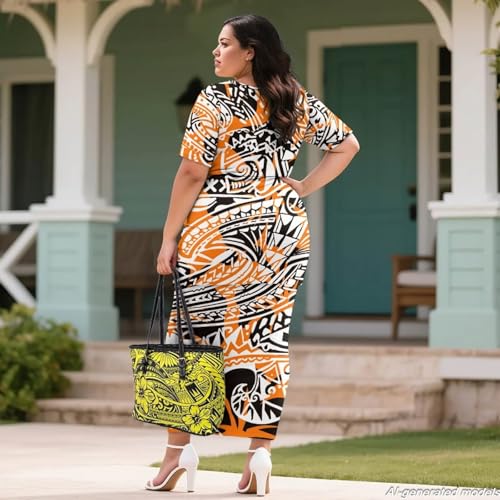 Image of Polynesian Dress for Women Short Sleeve High Waist Maxi Skirt | Puletasi dress, t-shirt and skirt two-piece, elastic material, lightweight, soft, plus size, luau party, wedding, clubwear