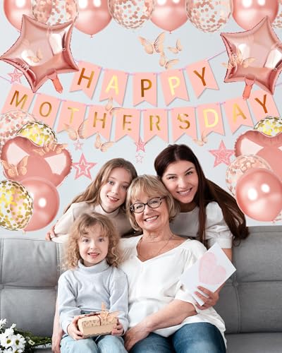 Image of Lutoys Rose Gold Happy Mothers Day Decorations, Happy Mother's Day Banner, Rose Gold Foil Heart Star Confetti Balloons Curtain Backdrop Hanging Swirls Party Decor for Mom Women