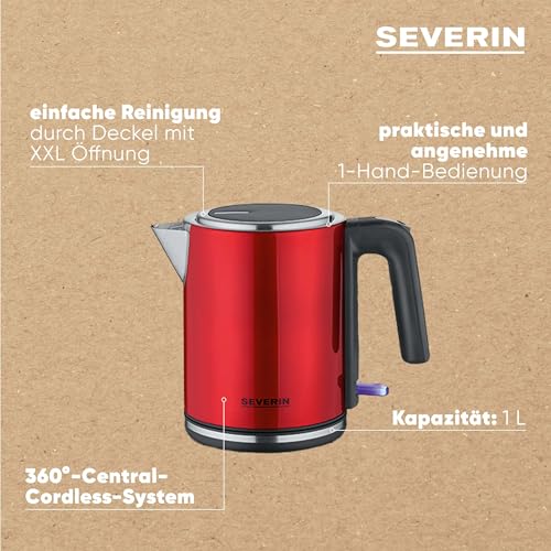 SEVERIN Wasserkocher 1 L, elektrischer Wasserkocher, Kalkfilter, XXL-Öffnung, leistungsstark & kompakt, 100 Prozent BPA-frei, 2.400 W, Edelstahl, Rot, WK 3427 5
