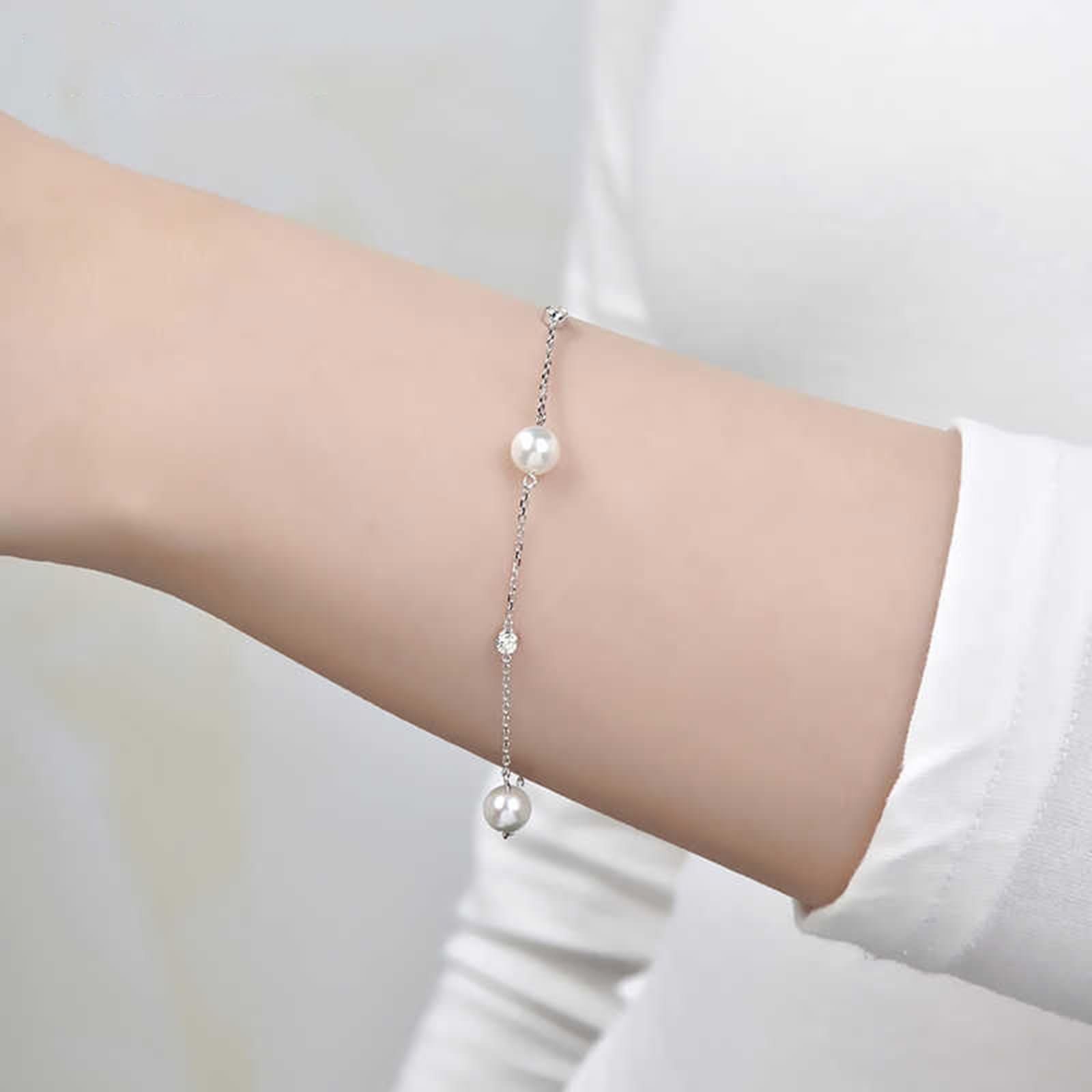Pulseras de Mujer Oro Blanco 9 Kilates / 14 Kilates / 18 Kilates, Perlas 5.5-6 MM y Diamante, Cadena Extensible 16 CM + 5 CM, Pulsera de Ajustable Mujer Plata