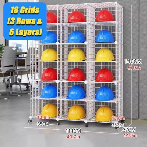 Stackable Helmet Storage Boxes with Wheels - Adjustable Hard Hat Organizer Rack for Construction Sites, Workshops & Retail Stores - Durable White Iron Wire Frame, 32 Grids