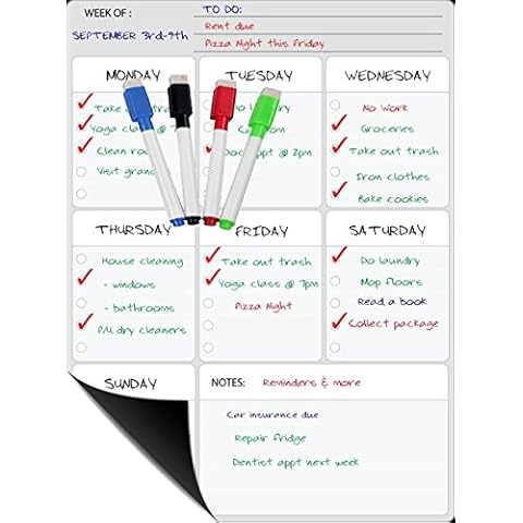 Smart organizer & Weekly Planner White Board Organizer for your Refrigerator or Office 15" x 11.75" Inches ● with 4 Magnetic Color Dry Erase Markers! & Cloth Eraser Cover