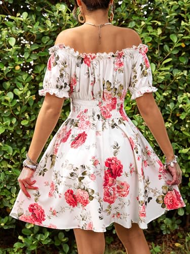 Image of Floerns Women's Floral Print Off Shoulder Ruffle Puff Sleeve Smocked Short Dress