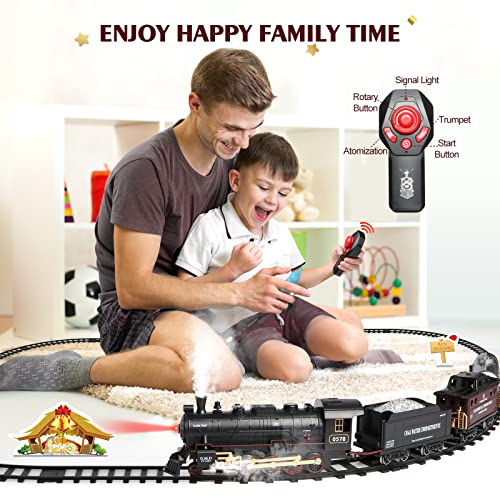Hot Bee Train Set for Boys - Remote Control Train Toys w/Steam Locomotive, Cargo Cars & Tracks,Trains w/Realistic Smoke,Sounds & Lights,Christmas Train Toys for 3 4 5 6 7+ Years Old Kids