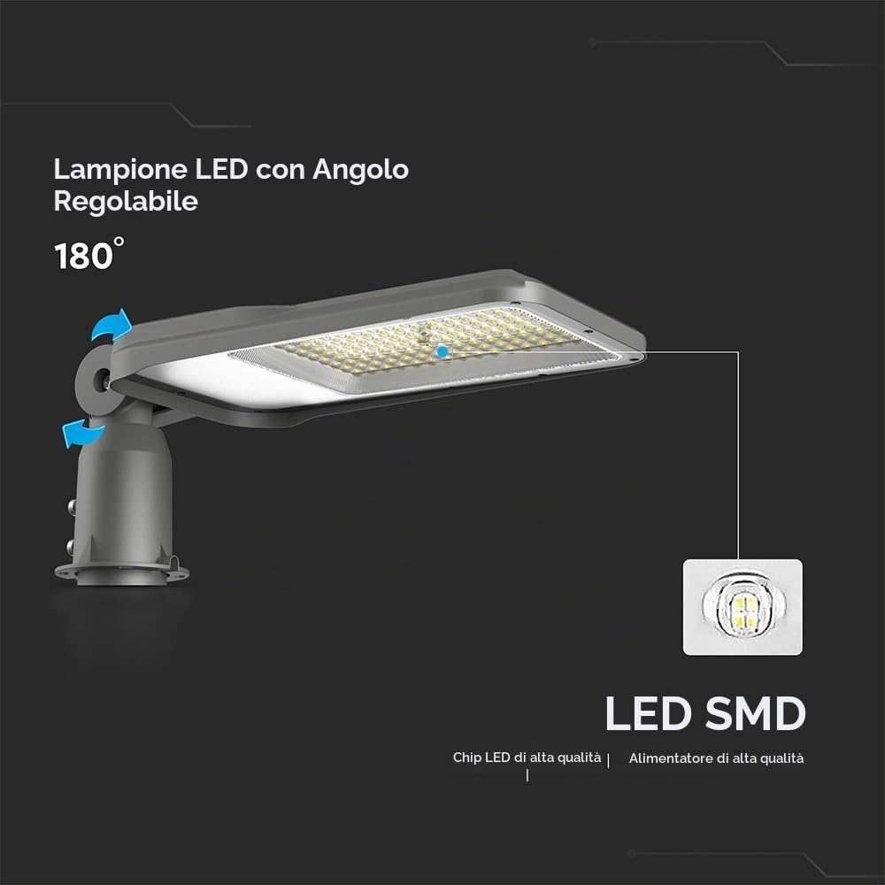 V-TAC Lampada da strada a LED regolabile, 100 W, 9400 lm, 4000 K, IP65, ultra luminosa, efficienza energetica, lunga durata, ampio fascio d'angolo, illuminazione ad alte prestazioni, costruzione
