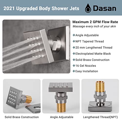 Brushed Nickel Shower System with 4 PCS Shower Body Spray Jets & 12’’ Ceiling Shower Head & Handheld Spray, DASAN Full Body Shower Faucet System with Jets Rainfall Shower Combo Set, SA-SS03BBN-S12C