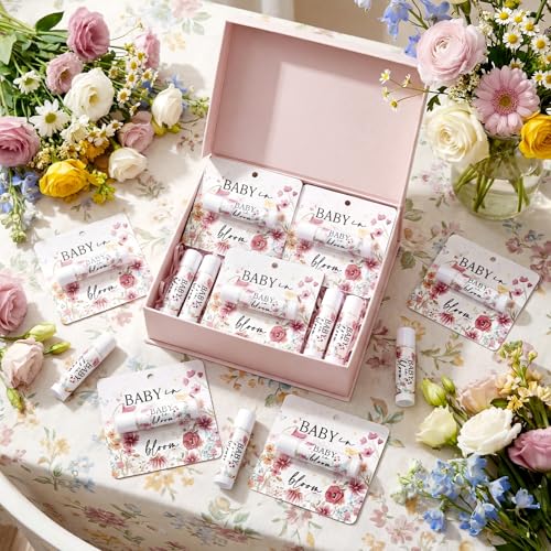 Image of 24 Pcs Baby Shower Lip Balm Party Favors Bulk, Baby in Bloom Floral Gifts for Guests, Pink Wildflower Gender Reveal Decorations, Mini Lip Balm Moisturizing Set
