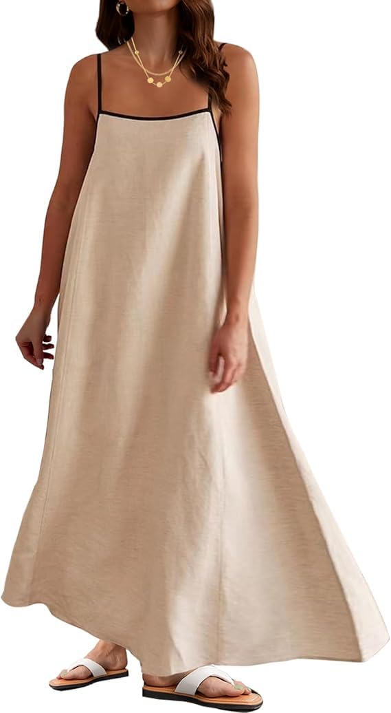 VANCOL Women's Linen Extra Long Dress Spaghetti Strap Summer Out Travel Vacation Sleeveless Long Dresses