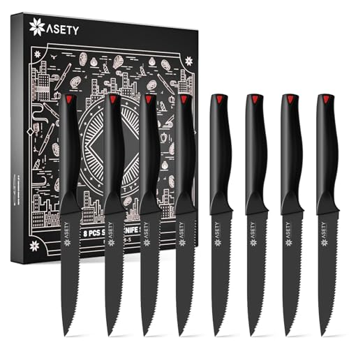 ASETY - Serrated Steak Knives Set of 8: 4.5 Inch Steak Knives, Dishwasher Safe, High-Carbon Stainless Steel Steak Knife Sets with Elegant Box, Black