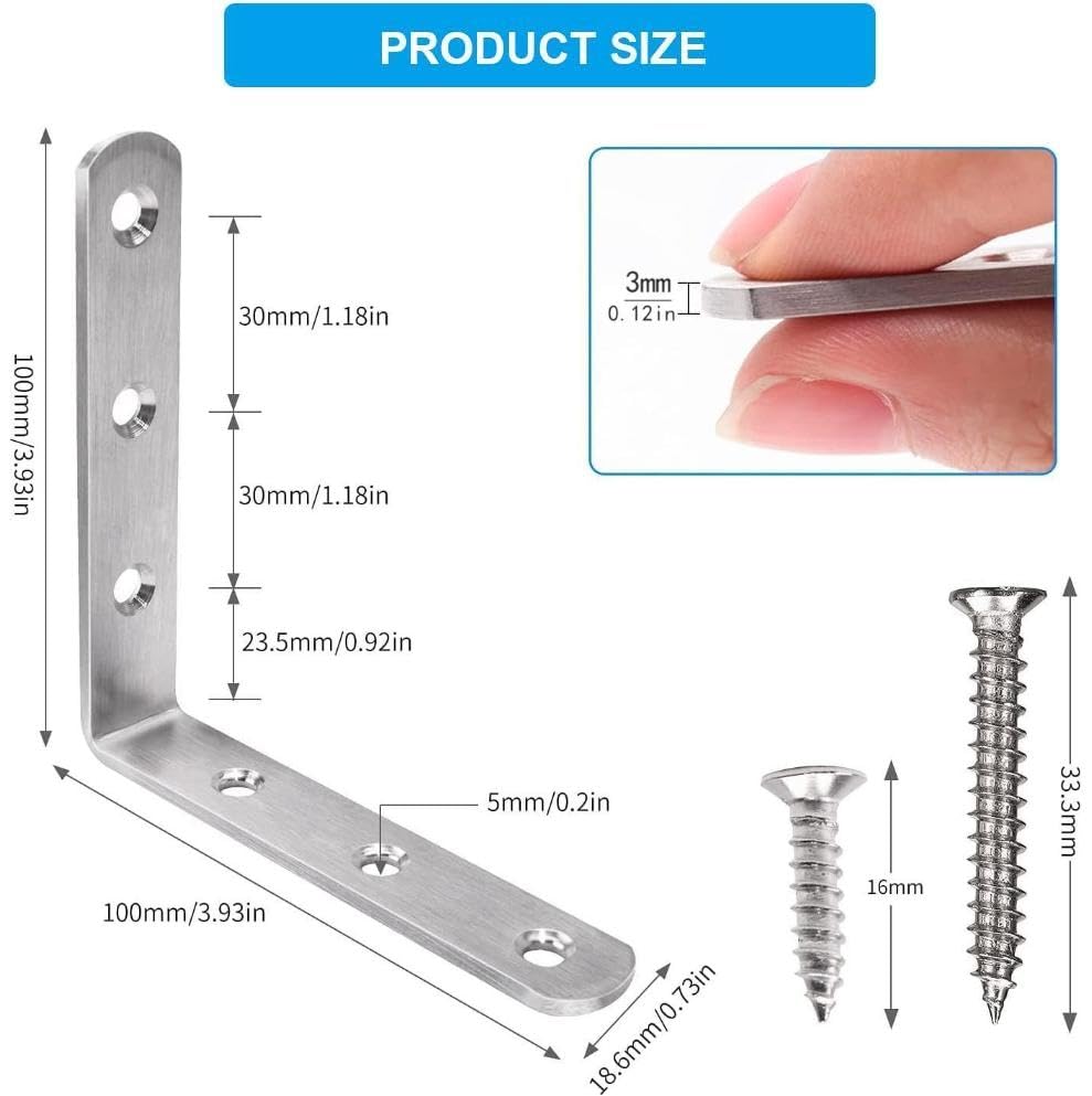 YRDGRG Stainless Steel Corner Bracket - 8 PCS Heavy Duty Right Angle Brackets for Wood Furniture and Metal Joints - 4 x 4 Inch - with Screw
