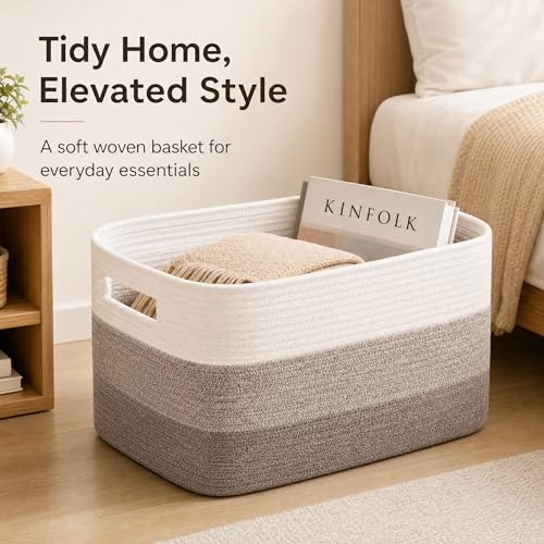 Image of Cotton Rope Laundry Basket Extra Large, 22.8GAL Collapsible Woven Storage Baskets for Living Room Kids Toys Stuffed Animal,Boho Rectangular Decorative Hamper for Dirty Clothes Blankets Gradient Brown
