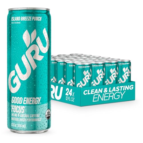 Image of GURU Energy Drink, Island Breeze Organic Sparkling Energy Drink with Real Fruit Juice + L Theanine, 140 MG Natural Caffeine for Workouts, Performance & Midday Boost, Plant Based, Gluten Free, 12 Fl Oz, 24 Pack