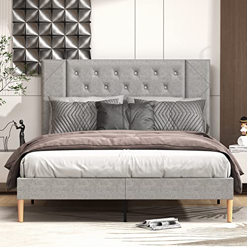 Molyuras Full Size Bed Frame, Upholstered Platform Double Full Bed Frame With Button Tufted Velvet Headboard, No Box Spring Needed, Sturdy Wood Slat Support, Easy Assembly #TOP26