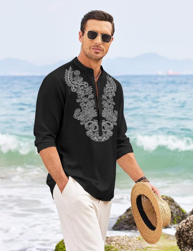 Image of FINIVO FASHION Men's Cotton Blend Short Kurta with Full Sleeves and Ethnic Neck Design | Casual Crinkle Texture Kurta with Mandarin Collar
