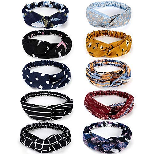 TAIHA 10 Pack Boho Headbands for Women Vintage Flower Printed Criss Cross Elastic Head Wrap Twisted Cute Hair Accessories