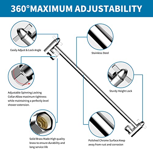 16 Inch Solid Brass Adjustable Shower Head Extension Arm Flexible Height & Angle Shower Arm Extender With Lock Joints, Universal Connection Solid Stainless Steel Shower Extension Arm, Chrome Finish #TOP1