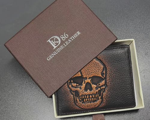 Image of DK86 Skull Bifold Wallet for Men RFID Blocking Full Grain Leather With Hand Burnished Extra Capacity Multiple Card Slots with 2 ID Windows