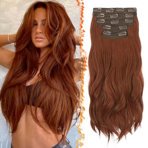 BARSDAR 20 Inch Synthetic Soft Wavy Medium Auburn Clip in Hair Extensions