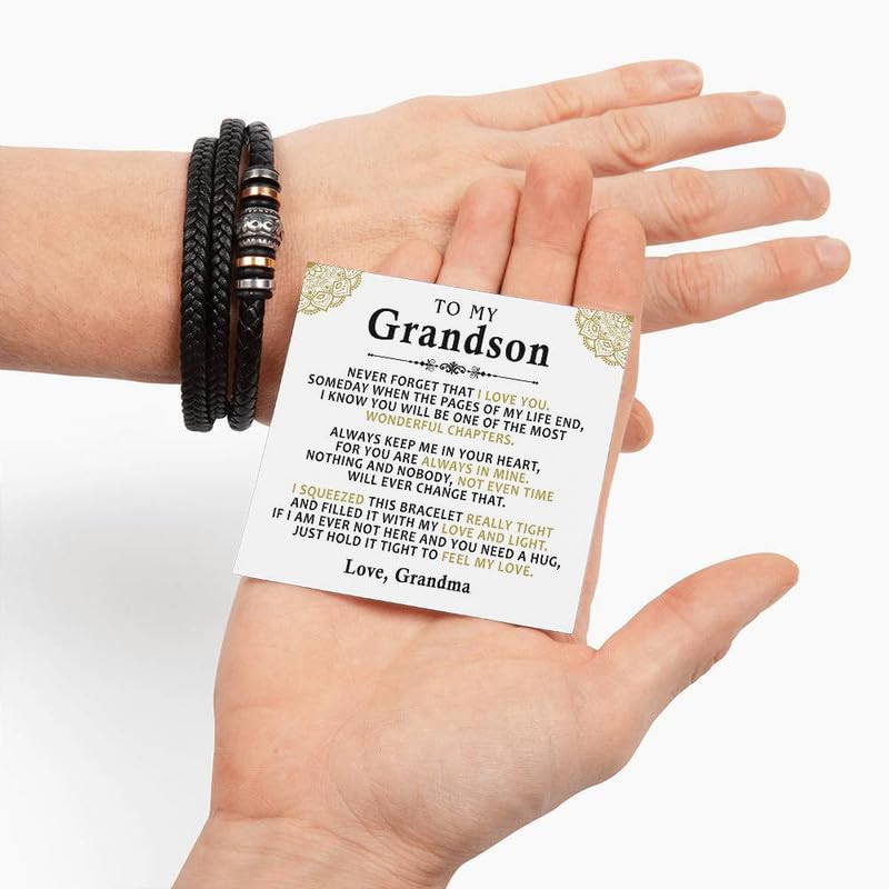 To My Grandson Bracelet from Grandma and Grandpa, Leather Bracelet For Grandson From Grandparents, Graduation Gift For Grandson, Grandson Birthday With Message Card and Gift Box.3