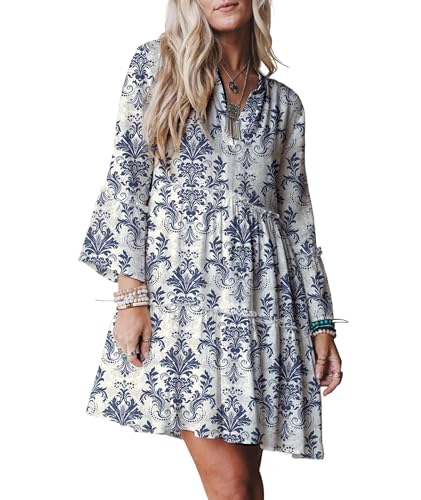 Image of Opemiby Summer Dresses for Women 2026 Flowy Ruffle 3 /4 Sleeve V Neck Tiered Casual Babydoll Boho Beach Mini Dress