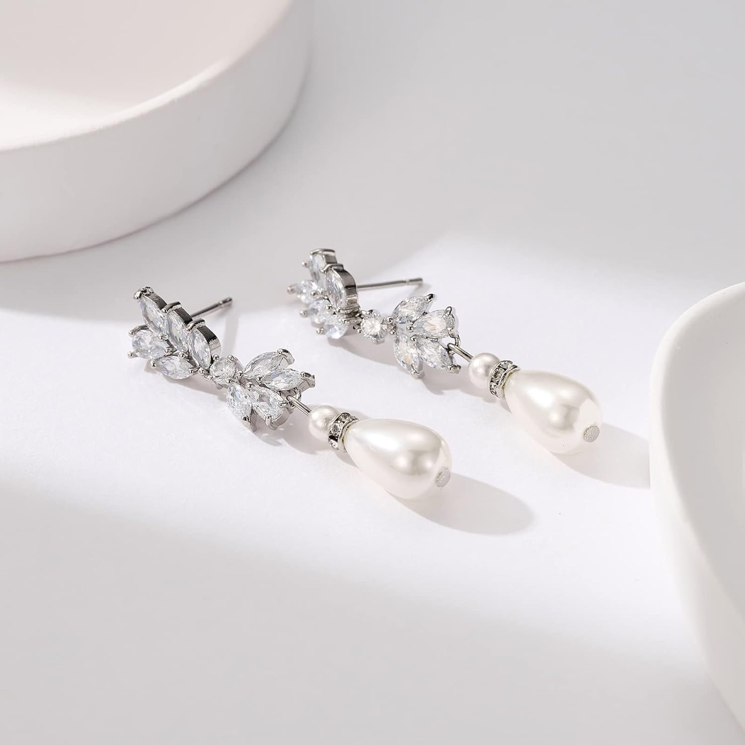 SWEETV Cubic Zirconia Pearl Drop Wedding Earrings for Brides, Ivory Bridal Pearl Earrings for Bridesmaid Jewelry Gift - Image 6