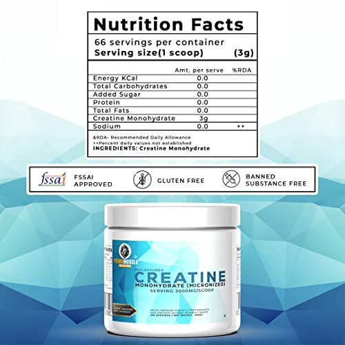 Image of PRIME MUSCLE NUTRITIONS Creatine Monohydrate Powder 66 Servings(Unflavoured,200 grams) Micronised Unflavoured Rapid Absorption Enhanced Muscle Strength&Power Fast Recovery Increases Muscle Mass